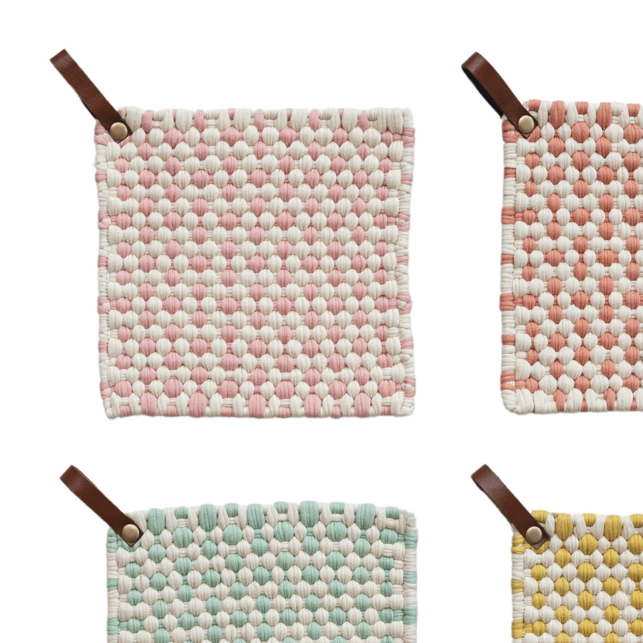 Creative Co-Op Light Hue Cotton Crocheted Pot Holder with Leather Loop, Multicolor, Set of 4