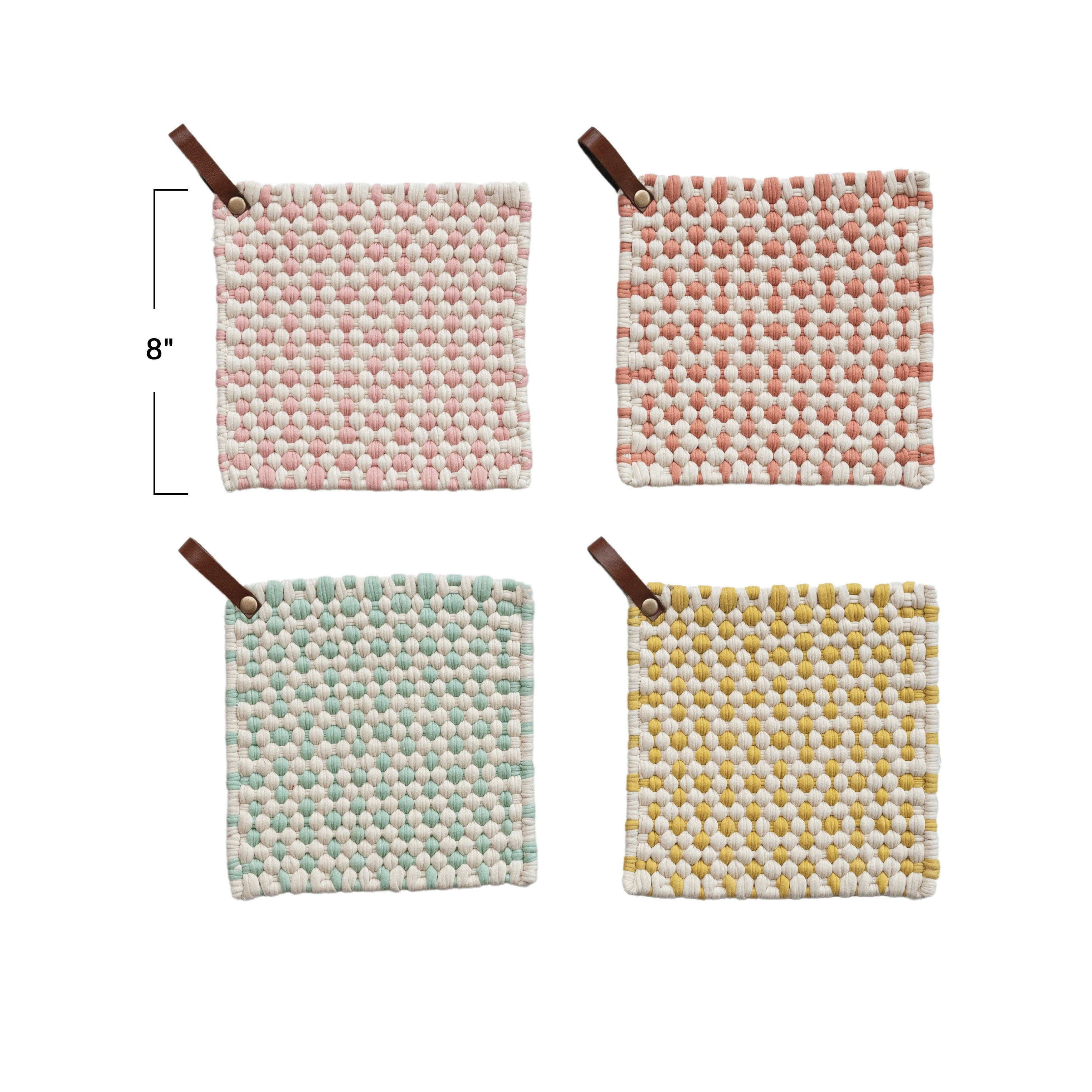 Creative Co-Op Light Hue Cotton Crocheted Pot Holder with Leather Loop, Multicolor, Set of 4