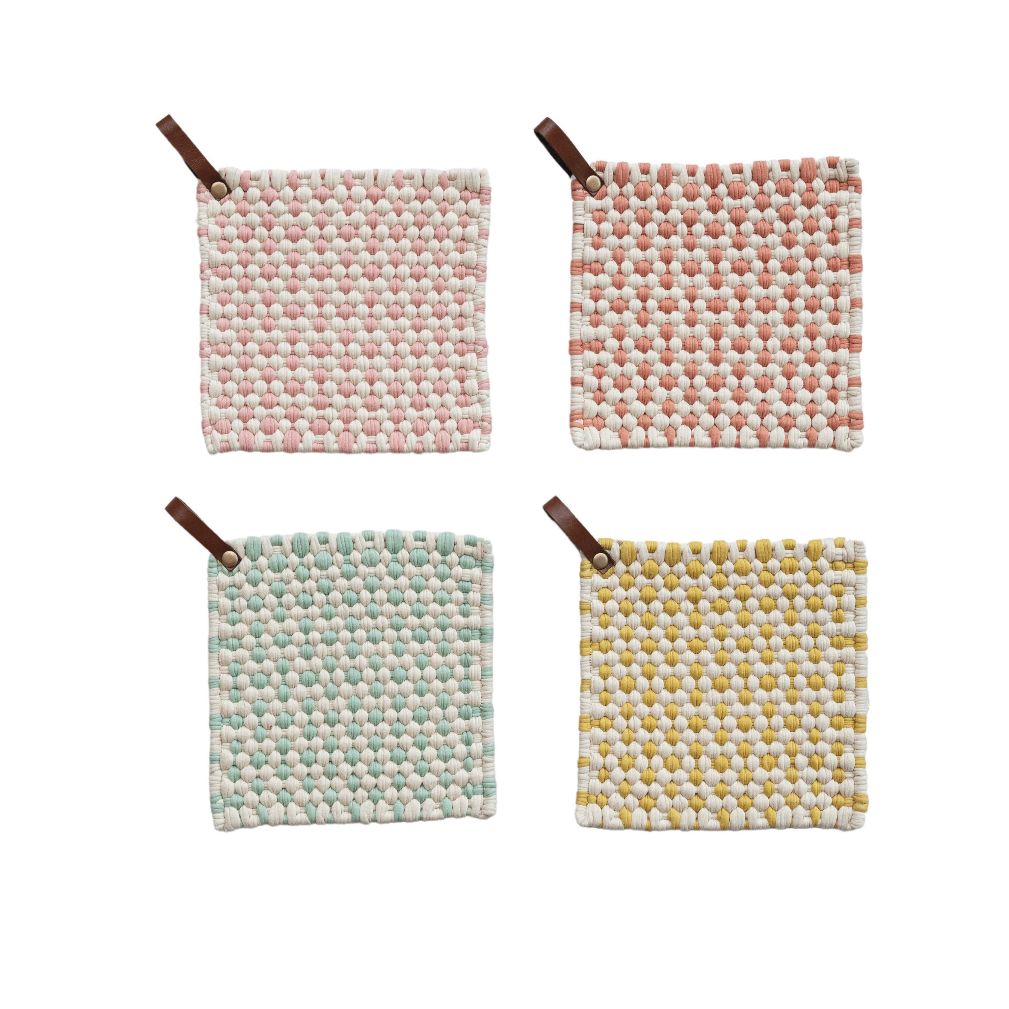 Creative Co-Op Light Hue Cotton Crocheted Pot Holder with Leather Loop, Multicolor, Set of 4
