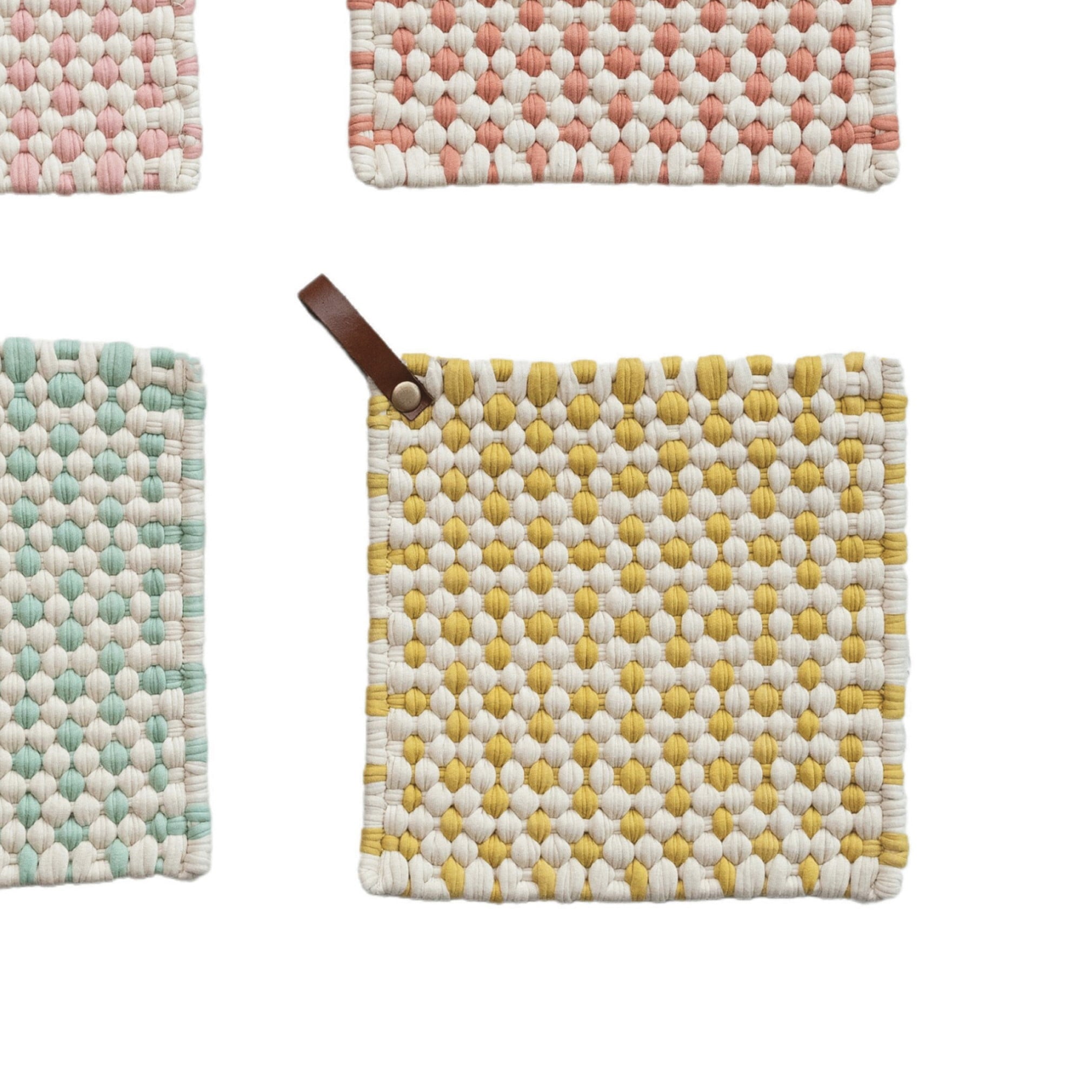 Creative Co-Op Light Hue Cotton Crocheted Pot Holder with Leather Loop, Multicolor, Set of 4